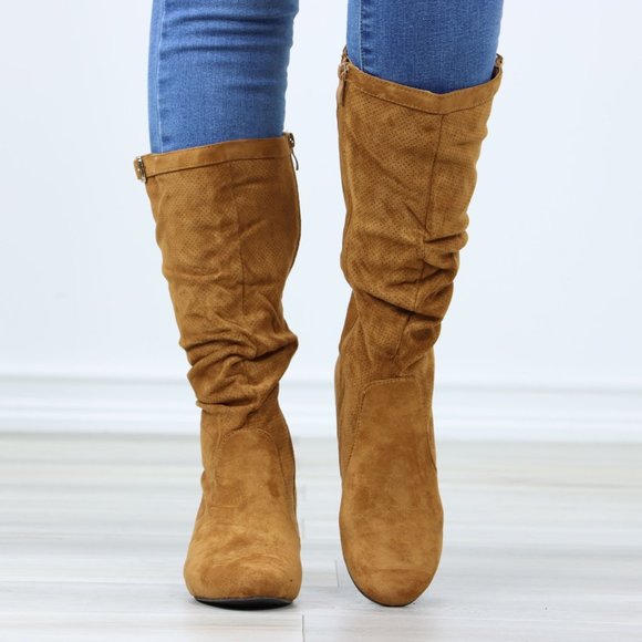 Tan Faux Suede Round Toe Low Kitten Wedge Heel Mid Calf Boots - Picture 9 of 12